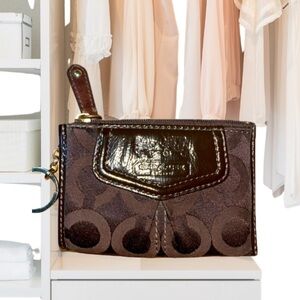 Coach "C" Patent Leather & Fabric Mini Card/Coin Pouch w/Keyring, Zip, Brown